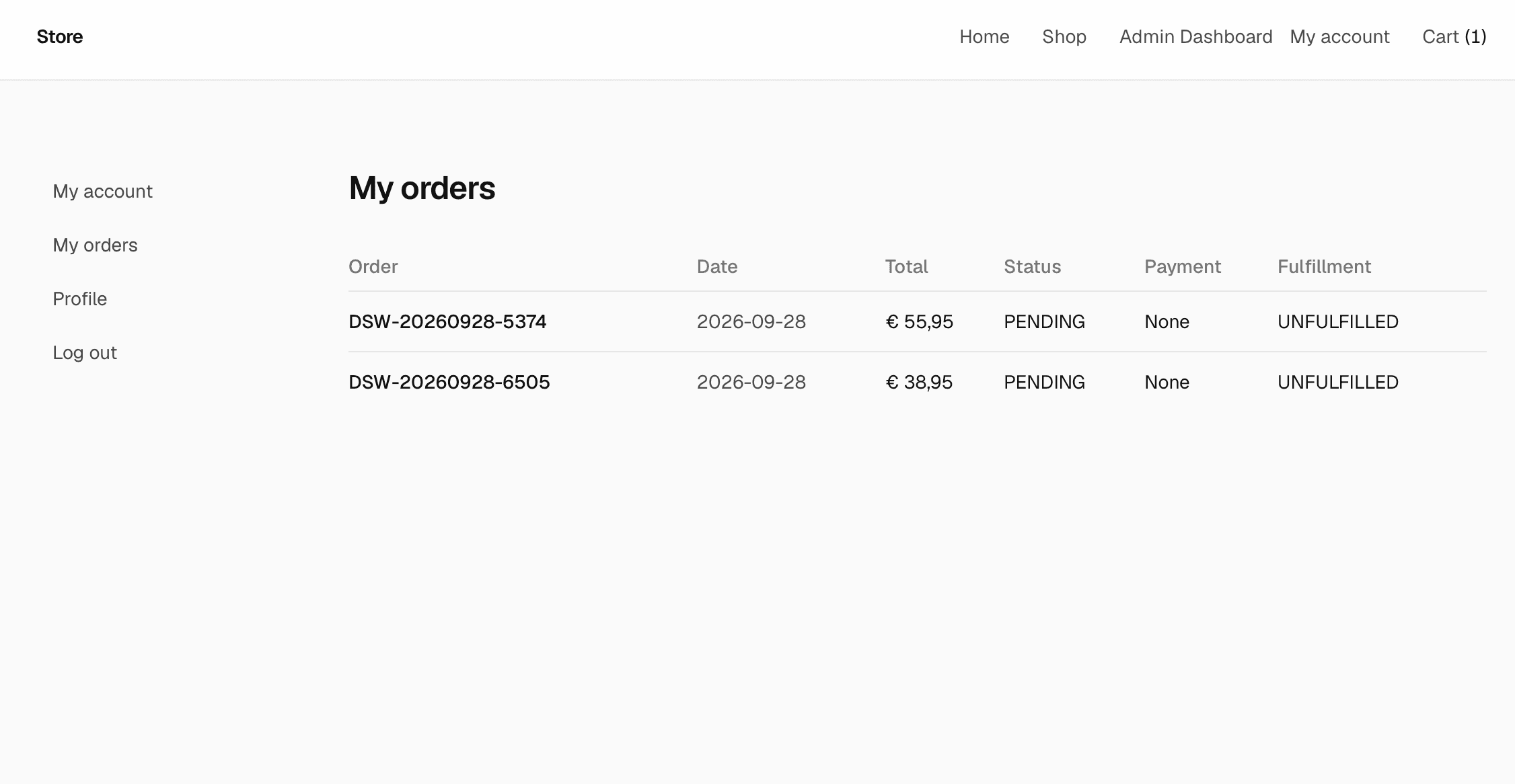 Klantaccount van de demo-webshop met orderhistorie en bestelstatussen.