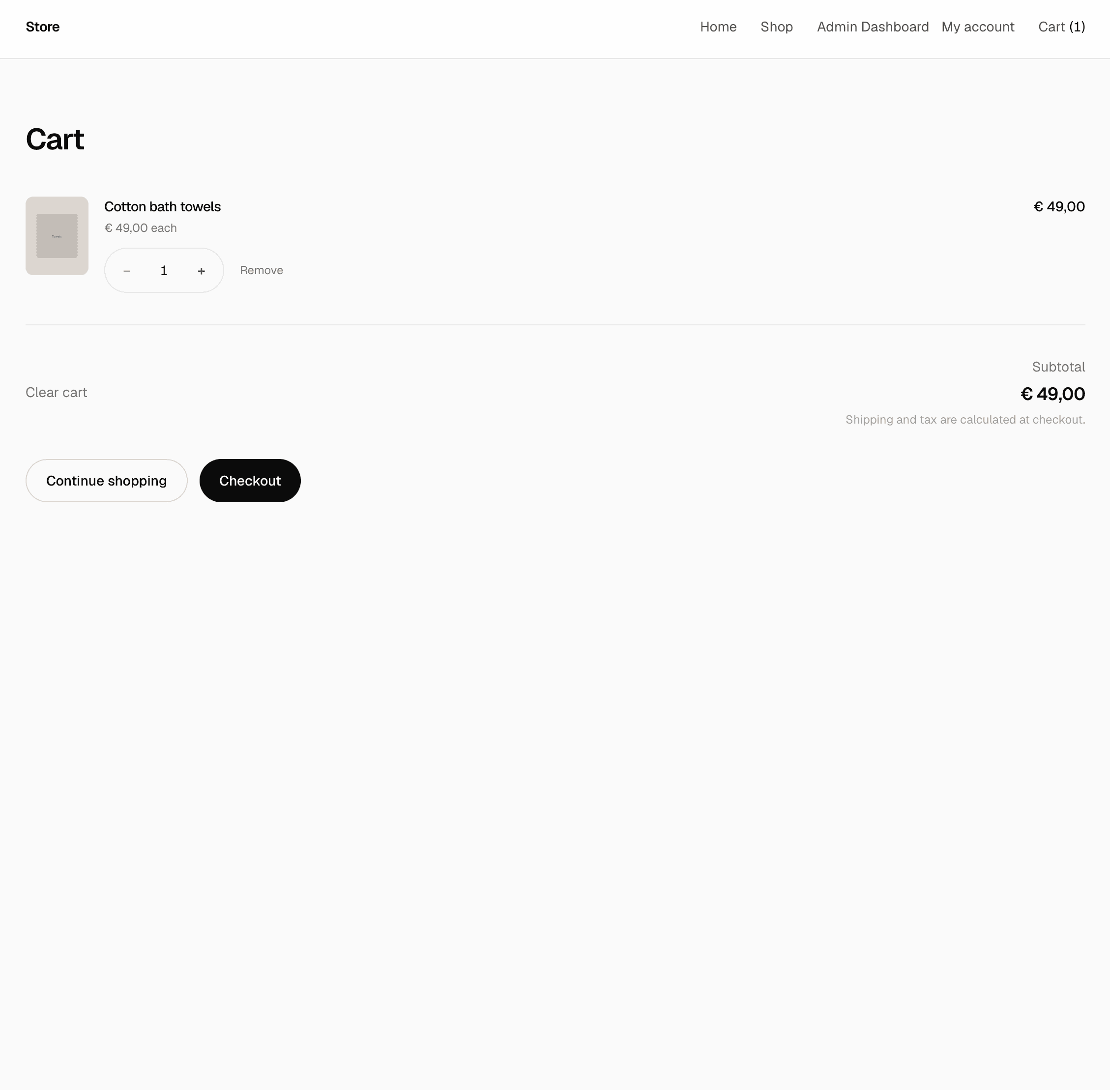 Winkelmand van de demo-webshop met aantalselectie, subtotaal en checkoutknop.