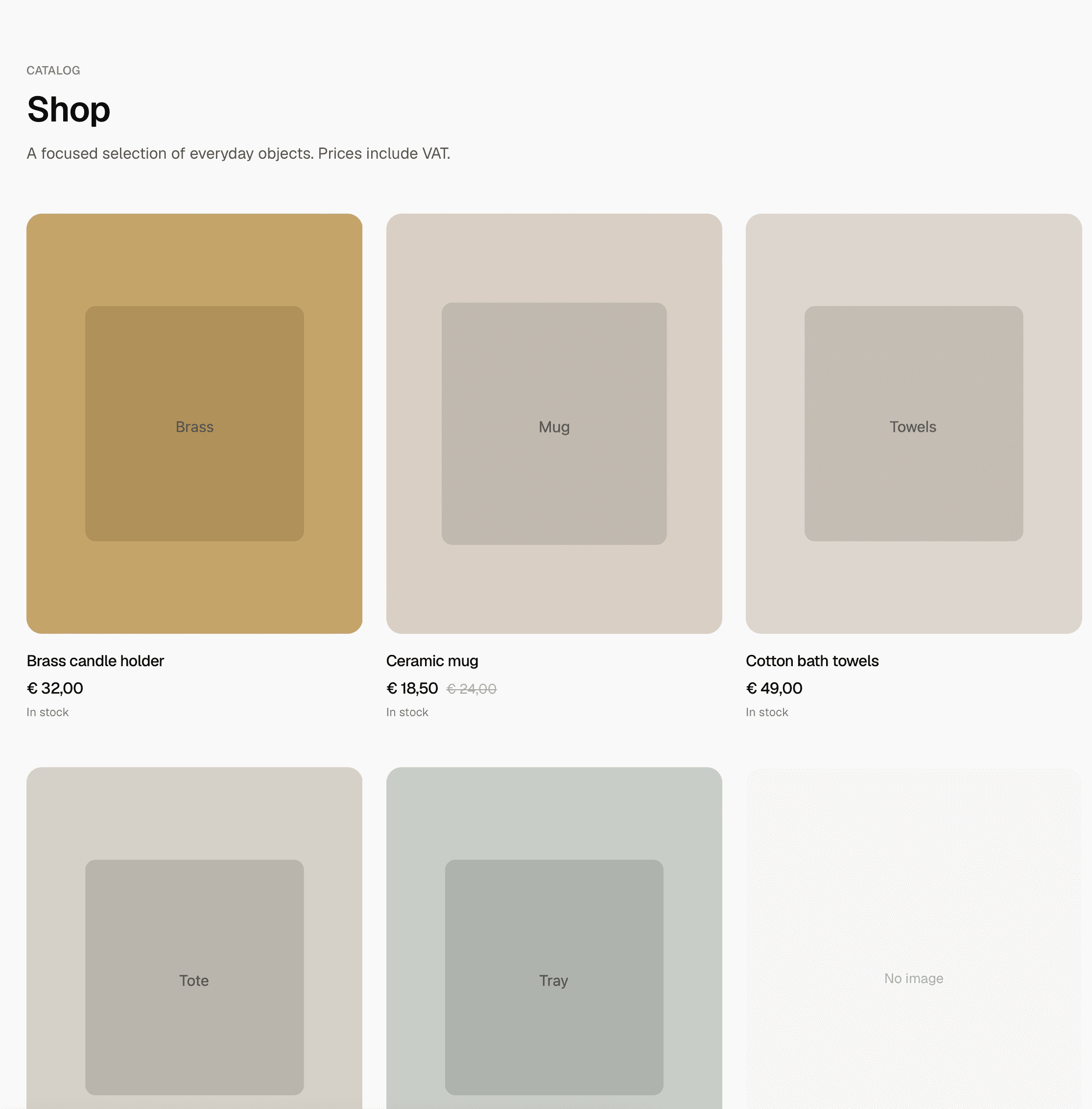 Productcatalogus van de demo-webshop met producten, prijzen en voorraadstatus.