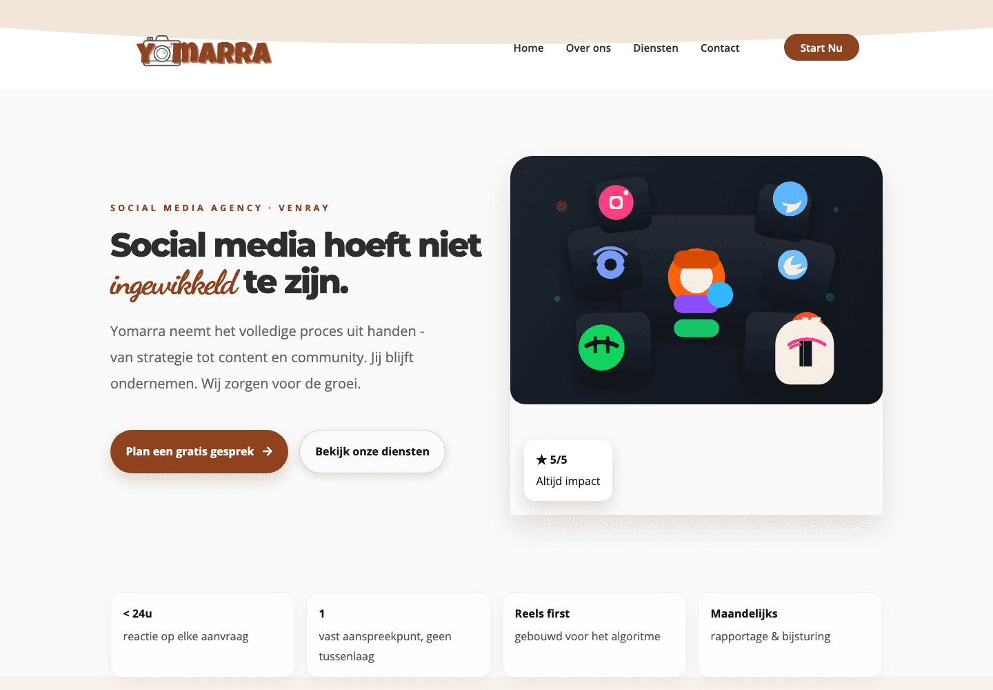 Homepage van Yomarra, gebouwd door DevSoftWeb